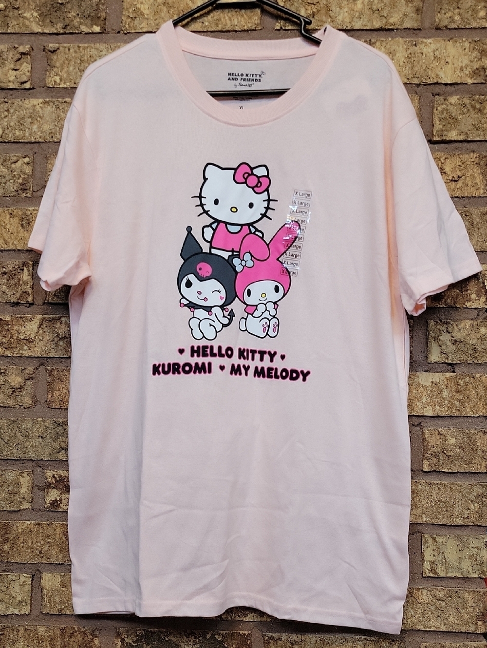 Hello Kitty Light Pink Graphic Tee with Kuromi & My Melody Size XL NWT